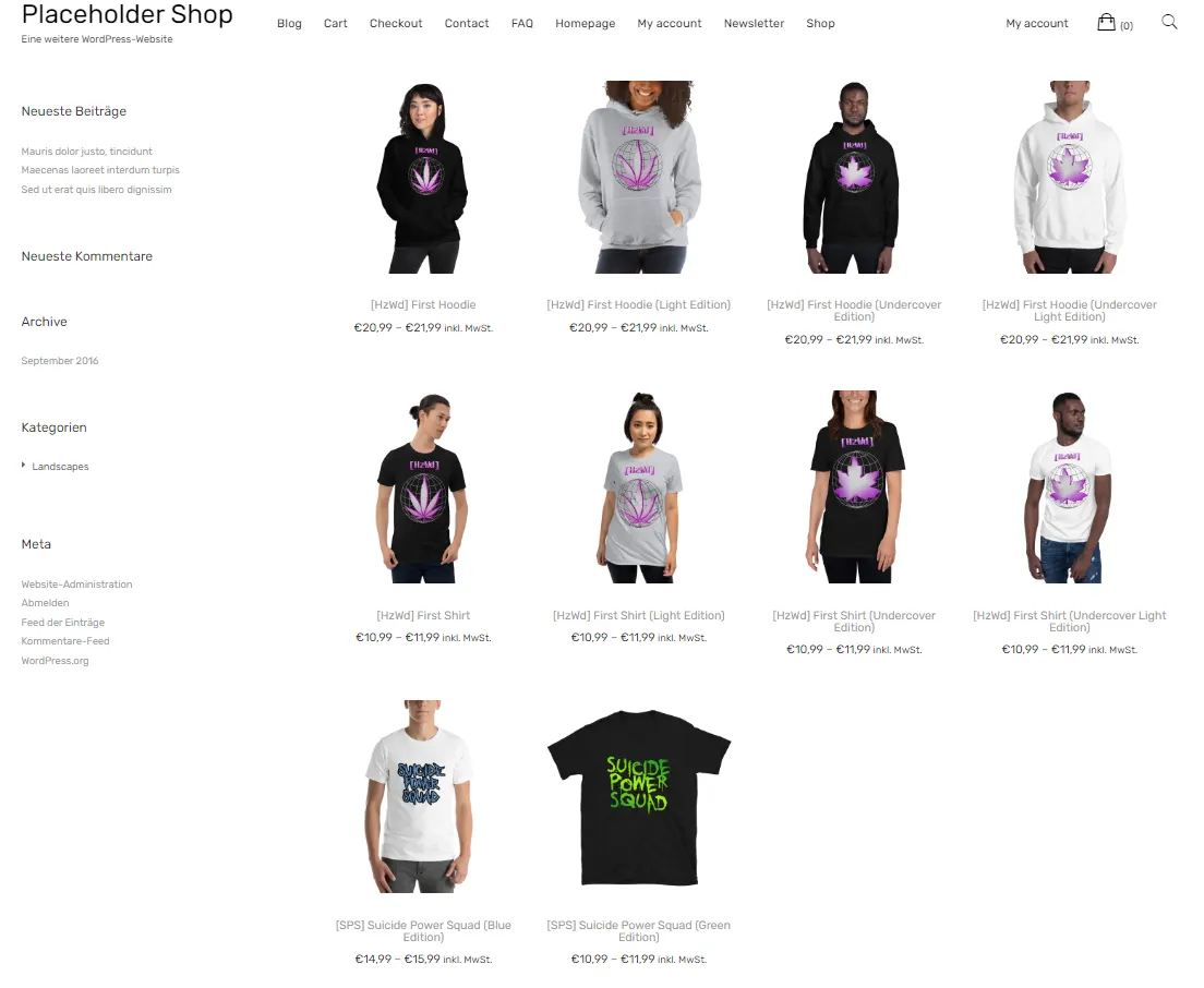 Screenshot of the shop with shirts and hoodies